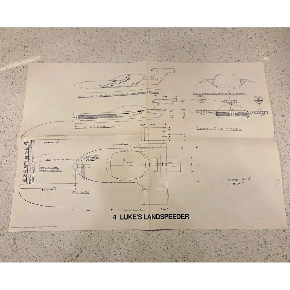 1977 Star Wars 4 Luke's Landspeeder blueprint, vintage Memorabilia Poster